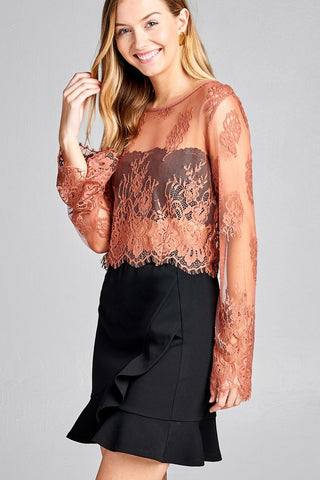 Ladies fashion long sleeve round neck scallop lace hem crop top