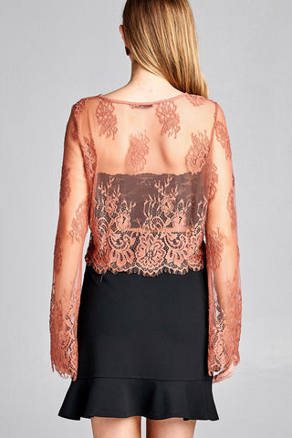 Ladies fashion long sleeve round neck scallop lace hem crop top