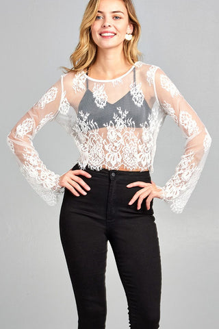 Ladies fashion long sleeve round neck scallop lace hem crop top