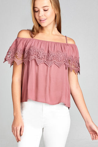 Ladies fashion open shoulder flounce w/crochet lace crinkle gauze woven top