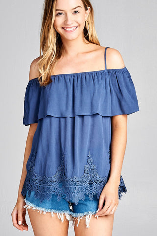 Ladies fashion flounce open shoulder w/hem crochet lace crinkle gauze woven top