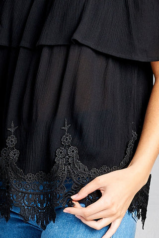 Ladies fashion flounce open shoulder w/hem crochet lace crinkle gauze woven top