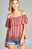 Ladies fashion flounce open shoulder w/hem crochet lace crinkle gauze woven top