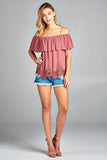 Ladies fashion flounce open shoulder w/hem crochet lace crinkle gauze woven top