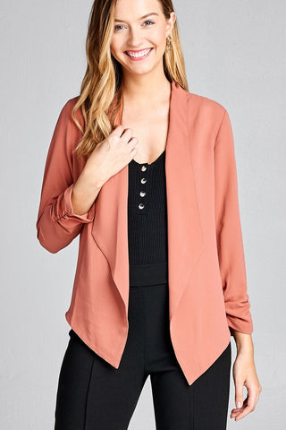 Ladies fashion shirring sleeve open front w/lapel woven jacket