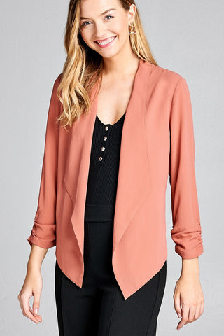 Ladies fashion shirring sleeve open front w/lapel woven jacket