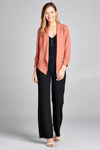 Ladies fashion shirring sleeve open front w/lapel woven jacket