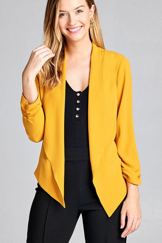 Ladies fashion shirring sleeve open front w/lapel woven jacket