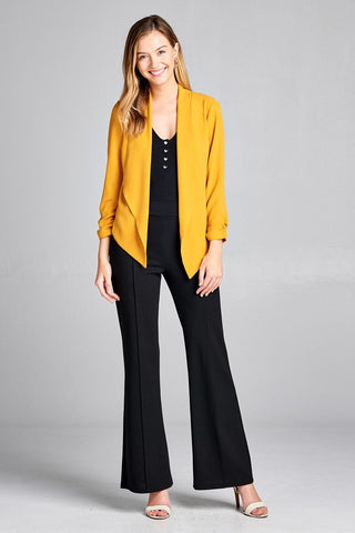 Ladies fashion shirring sleeve open front w/lapel woven jacket