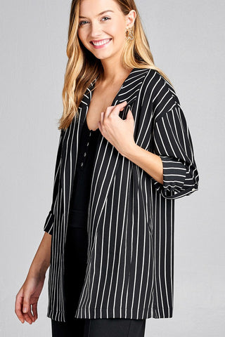 Ladies fashion 3/4 roll up sleeve open front stripe woven jacket