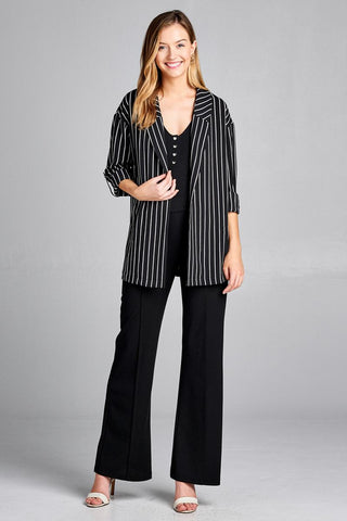 Ladies fashion 3/4 roll up sleeve open front stripe woven jacket