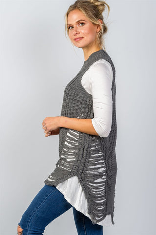 Ladies fashion round neckline sleeveless sweater knit distress sides dress