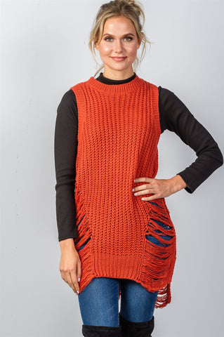 Ladies fashion round neckline sleeveless sweater knit distress sides dress