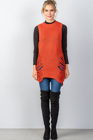 Ladies fashion round neckline sleeveless sweater knit distress sides dress