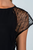 Ladies fashion semi-sheer black lace and ladder-stitch trim top