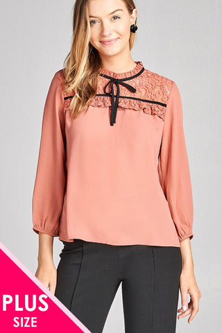 Ladies fashion plus size 3/4 sleeve lace yoke detail w/contrast tie woven top
