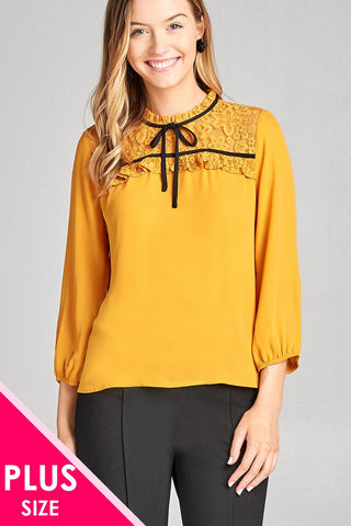 Ladies fashion plus size 3/4 sleeve lace yoke detail w/contrast tie woven top