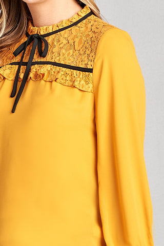 Ladies fashion plus size 3/4 sleeve lace yoke detail w/contrast tie woven top