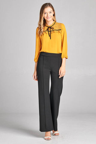 Ladies fashion plus size 3/4 sleeve lace yoke detail w/contrast tie woven top