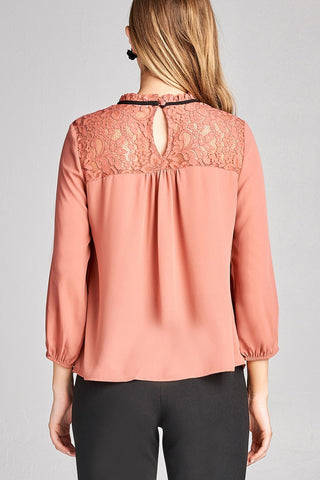 Ladies fashion plus size 3/4 sleeve lace yoke detail w/contrast tie woven top