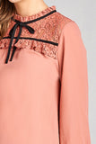 Ladies fashion plus size 3/4 sleeve lace yoke detail w/contrast tie woven top