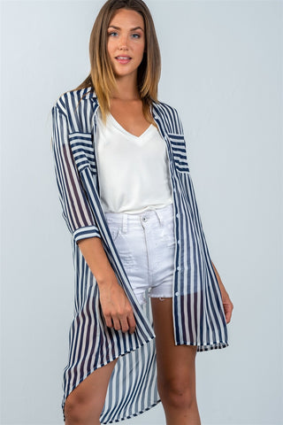 Ladies fashion 3/4 sleeve  semi sheer striped hi-low blouse