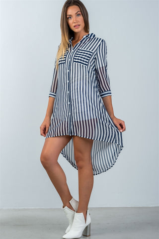 Ladies fashion 3/4 sleeve  semi sheer striped hi-low blouse