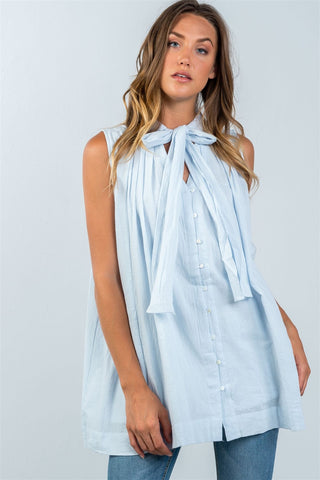 Ladies fashion oversized button down tie-neck babdydoll top