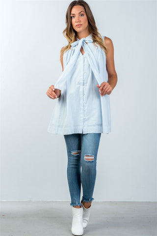 Ladies fashion oversized button down tie-neck babdydoll top