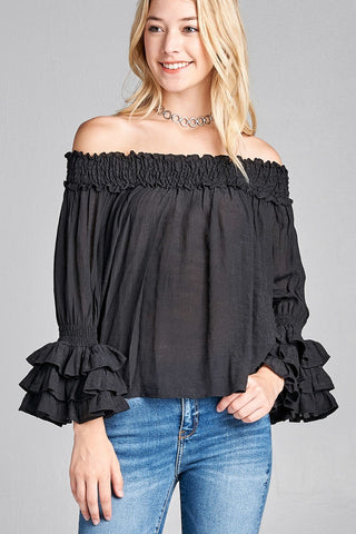 Ladies fashion long sleeve w/ruffle off the shoulder woven top