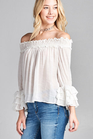Ladies fashion long sleeve w/ruffle off the shoulder woven top