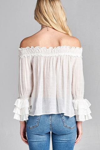 Ladies fashion long sleeve w/ruffle off the shoulder woven top