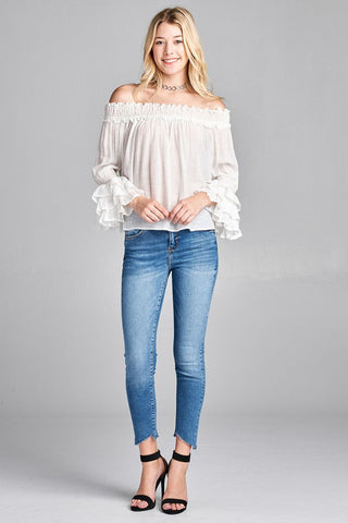 Ladies fashion long sleeve w/ruffle off the shoulder woven top