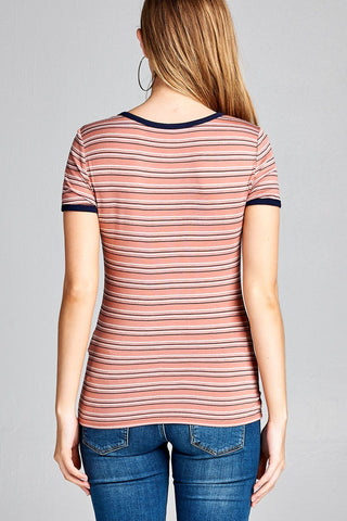 Ladies fashion short sleeve round neck yarn dye stripe rayon spandex jersey top