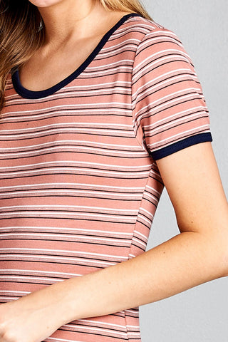 Ladies fashion short sleeve round neck yarn dye stripe rayon spandex jersey top
