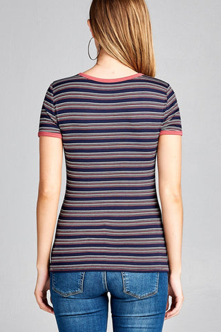 Ladies fashion short sleeve round neck yarn dye stripe rayon spandex jersey top