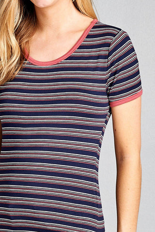 Ladies fashion short sleeve round neck yarn dye stripe rayon spandex jersey top