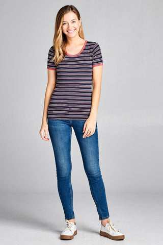 Ladies fashion short sleeve round neck yarn dye stripe rayon spandex jersey top