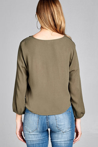 Ladies fashion long sleeve round neck front bow tie crinkle gauze woven top