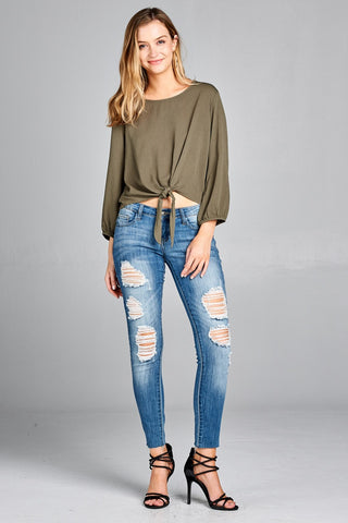 Ladies fashion long sleeve round neck front bow tie crinkle gauze woven top