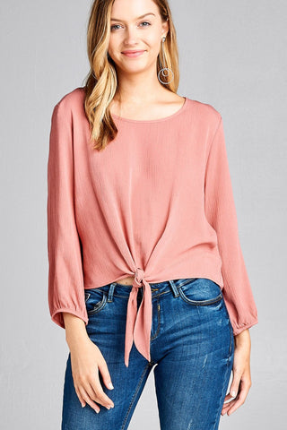 Ladies fashion long sleeve round neck front bow tie crinkle gauze woven top