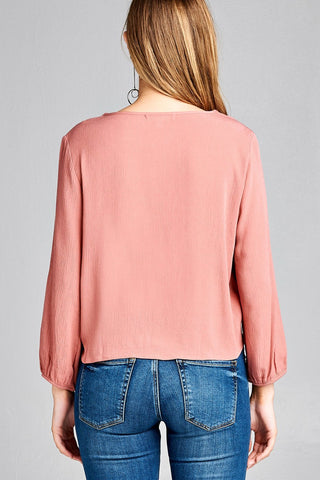 Ladies fashion long sleeve round neck front bow tie crinkle gauze woven top