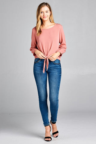 Ladies fashion long sleeve round neck front bow tie crinkle gauze woven top