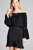 Ladies fashion long sleeve w/lace trim off the shoulder self tie front crinkle gauze woven top