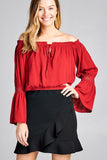 Ladies fashion long sleeve w/lace trim off the shoulder self tie front crinkle gauze woven top