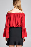 Ladies fashion long sleeve w/lace trim off the shoulder self tie front crinkle gauze woven top