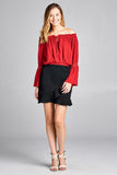 Ladies fashion long sleeve w/lace trim off the shoulder self tie front crinkle gauze woven top