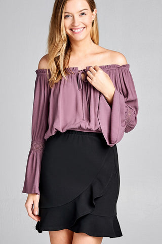 Ladies fashion long sleeve w/lace trim off the shoulder self tie front crinkle gauze woven top