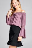 Ladies fashion long sleeve w/lace trim off the shoulder self tie front crinkle gauze woven top