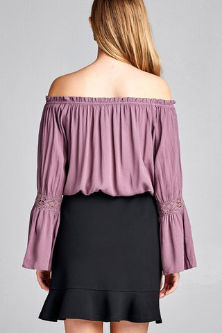 Ladies fashion long sleeve w/lace trim off the shoulder self tie front crinkle gauze woven top
